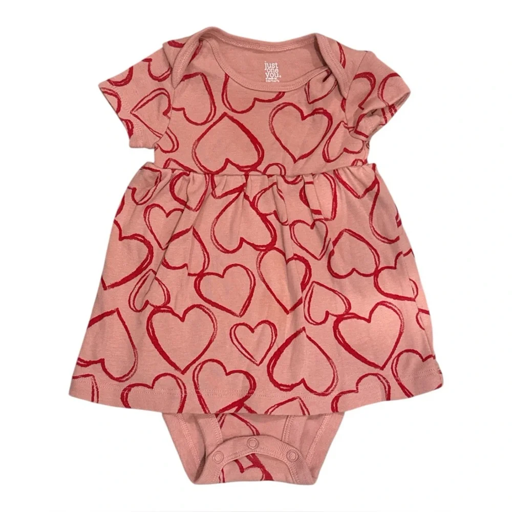 Just One You Carter’s Girl Baby Pink Heart Red Bodysuit Dress, Size 6 months